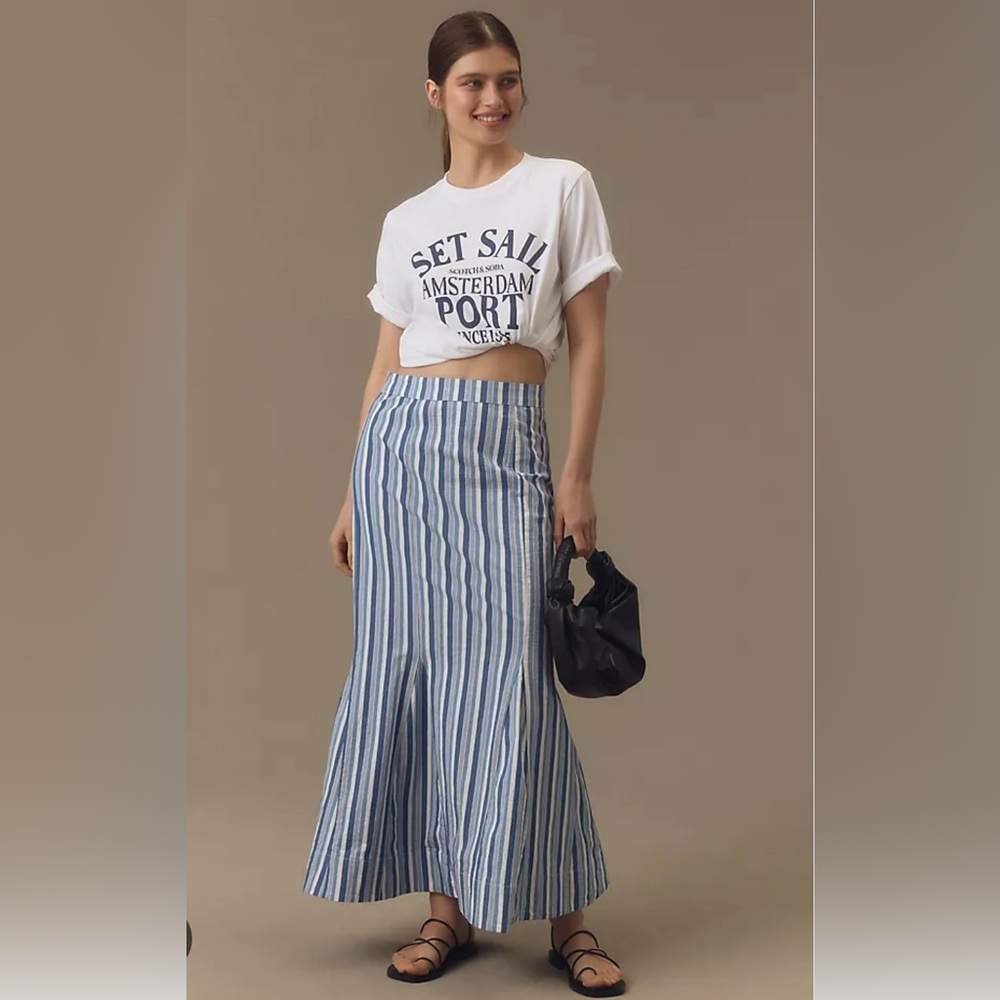 Maeve Anthropologie Blue & White Denim Nautical Striped Maxi Skirt Size Large